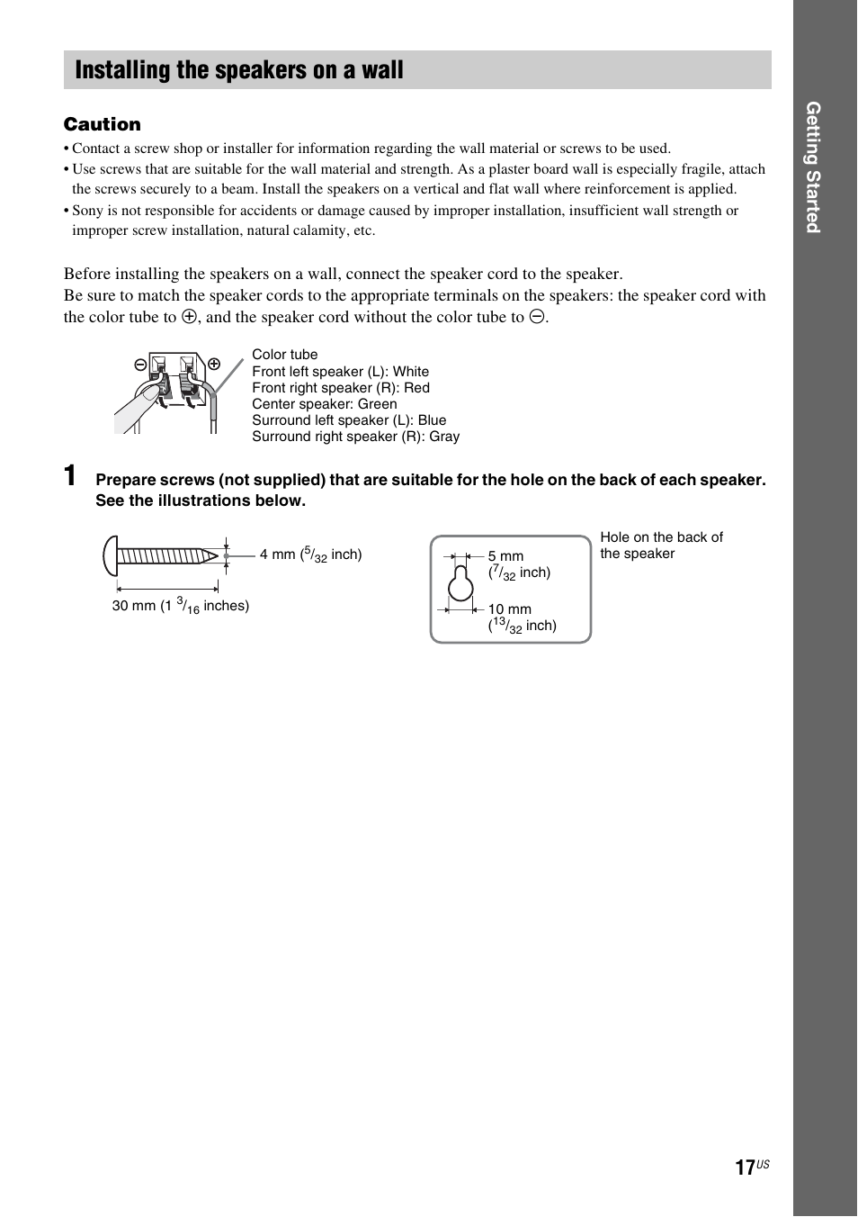 Installing the speakers on a wall, Ge tting star te d caution | Sony DAV-HDZ485 User Manual | Page 17 / 104