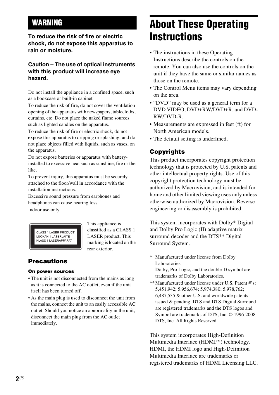 Warning, About these operating instructions | Sony DAV-HDZ485 User Manual | Page 2 / 104