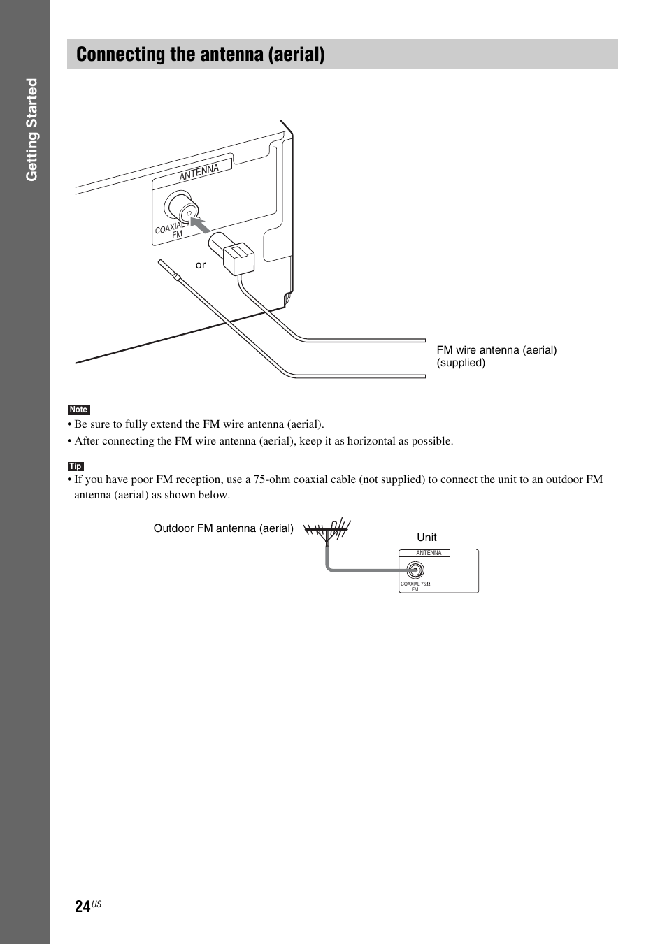 Connecting the antenna (aerial), Gettin g star ted | Sony DAV-HDZ485 User Manual | Page 24 / 104