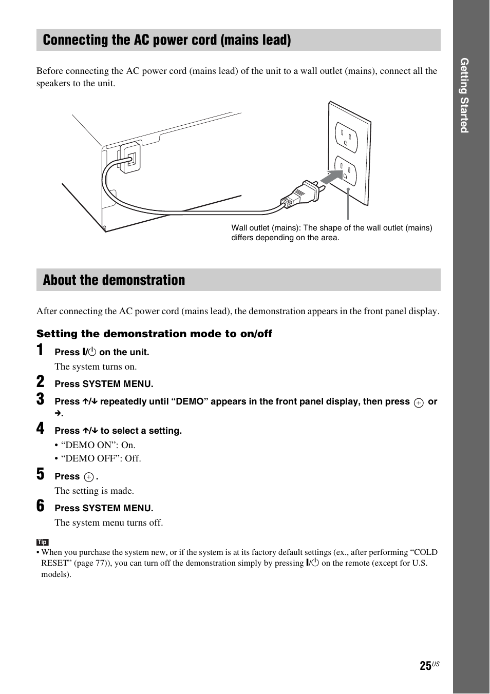 Connecting the ac power cord (mains lead), About the demonstration | Sony DAV-HDZ485 User Manual | Page 25 / 104