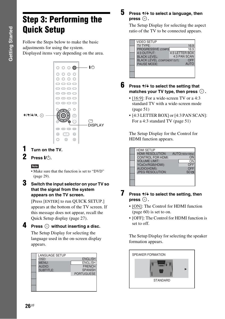 Step 3: performing the quick setup, Step 3: performing the quick, Setup | Sony DAV-HDZ485 User Manual | Page 26 / 104