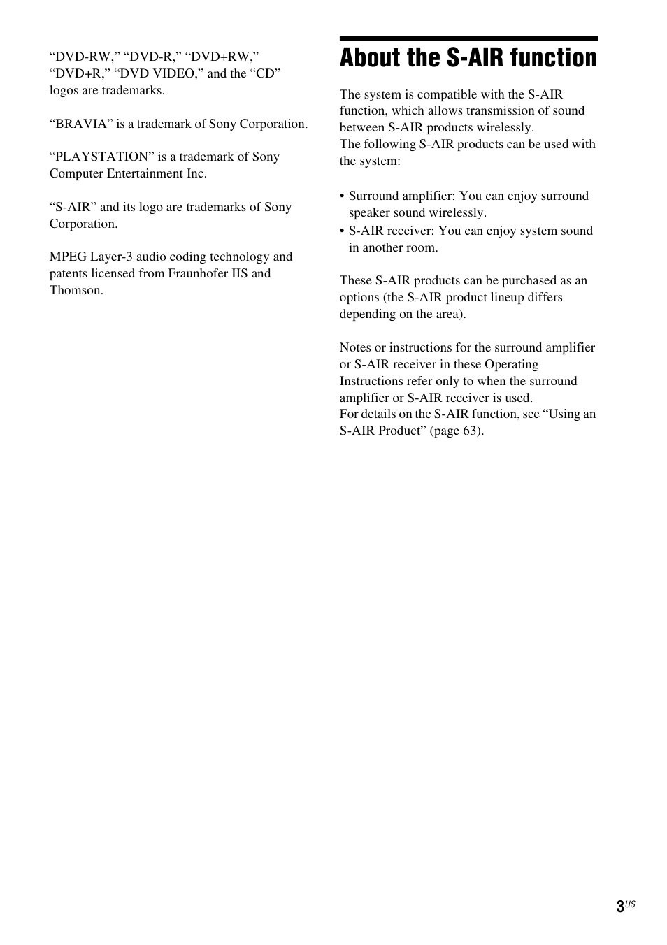 About the s-air function | Sony DAV-HDZ485 User Manual | Page 3 / 104