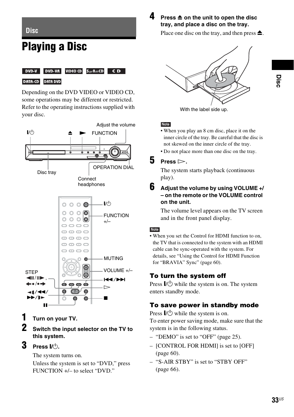 Disc, Playing a disc | Sony DAV-HDZ485 User Manual | Page 33 / 104