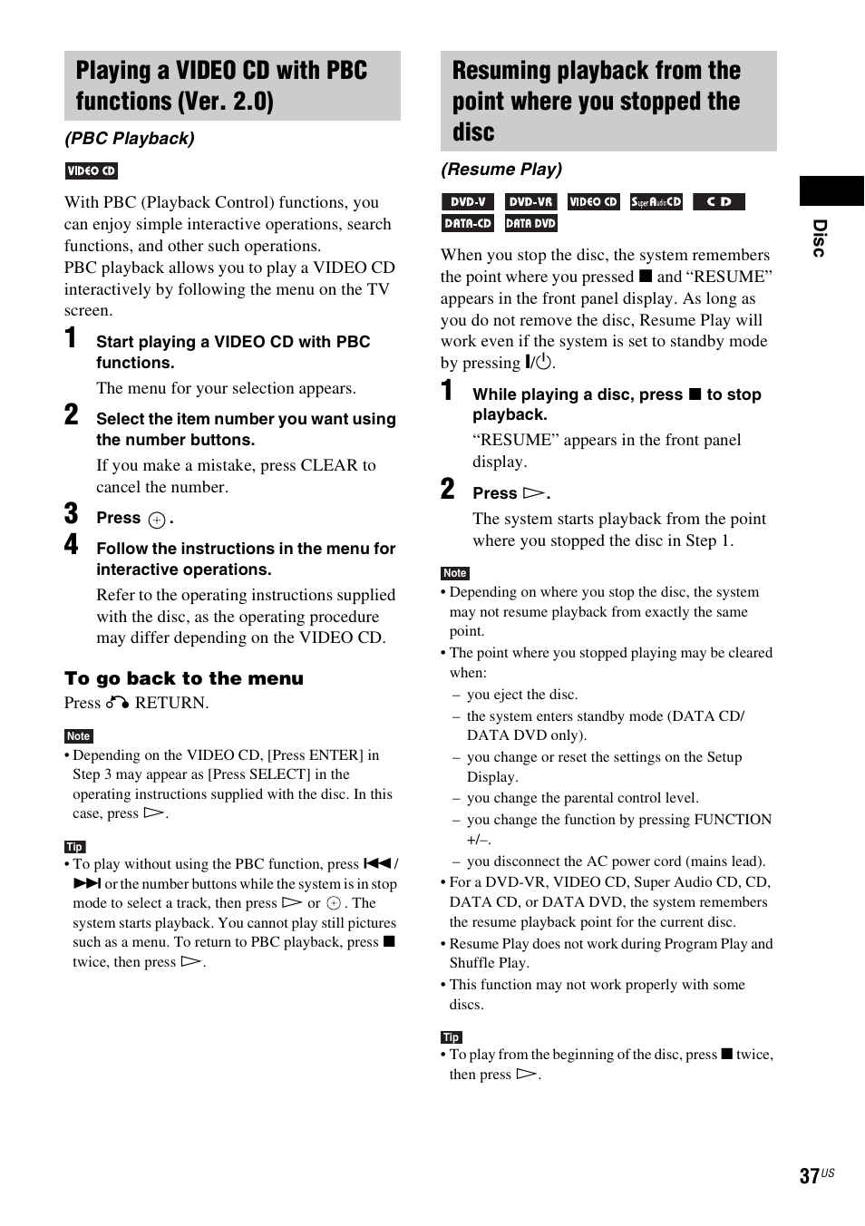 Playing a video cd with pbc functions (ver. 2.0) | Sony DAV-HDZ485 User Manual | Page 37 / 104