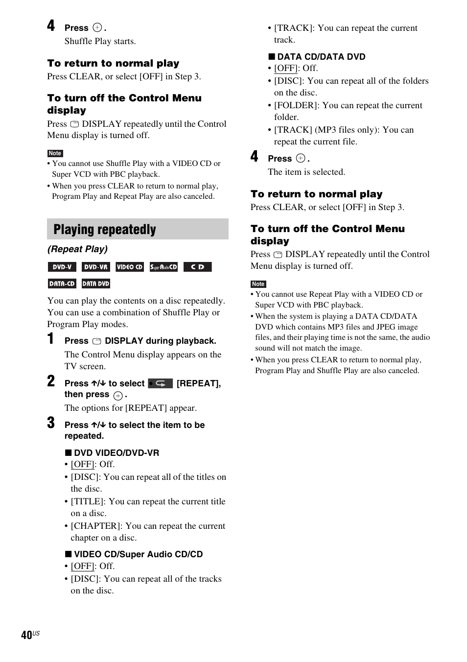 Playing repeatedly | Sony DAV-HDZ485 User Manual | Page 40 / 104