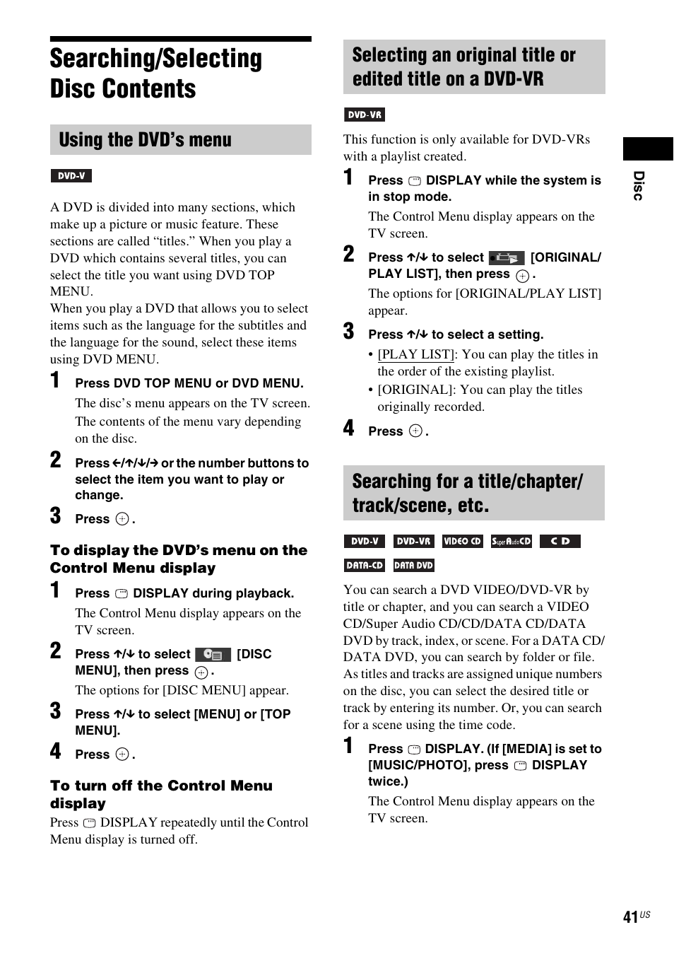 Searching/selecting disc contents, Using the dvd’s menu, Searching for a title/chapter/ track/scene, etc | Sony DAV-HDZ485 User Manual | Page 41 / 104