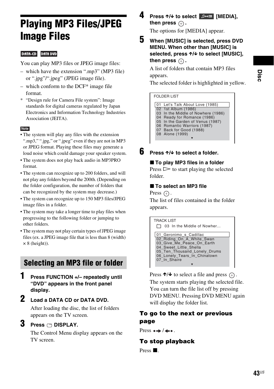 Playing mp3 files/jpeg image files, Selecting an mp3 file or folder | Sony DAV-HDZ485 User Manual | Page 43 / 104