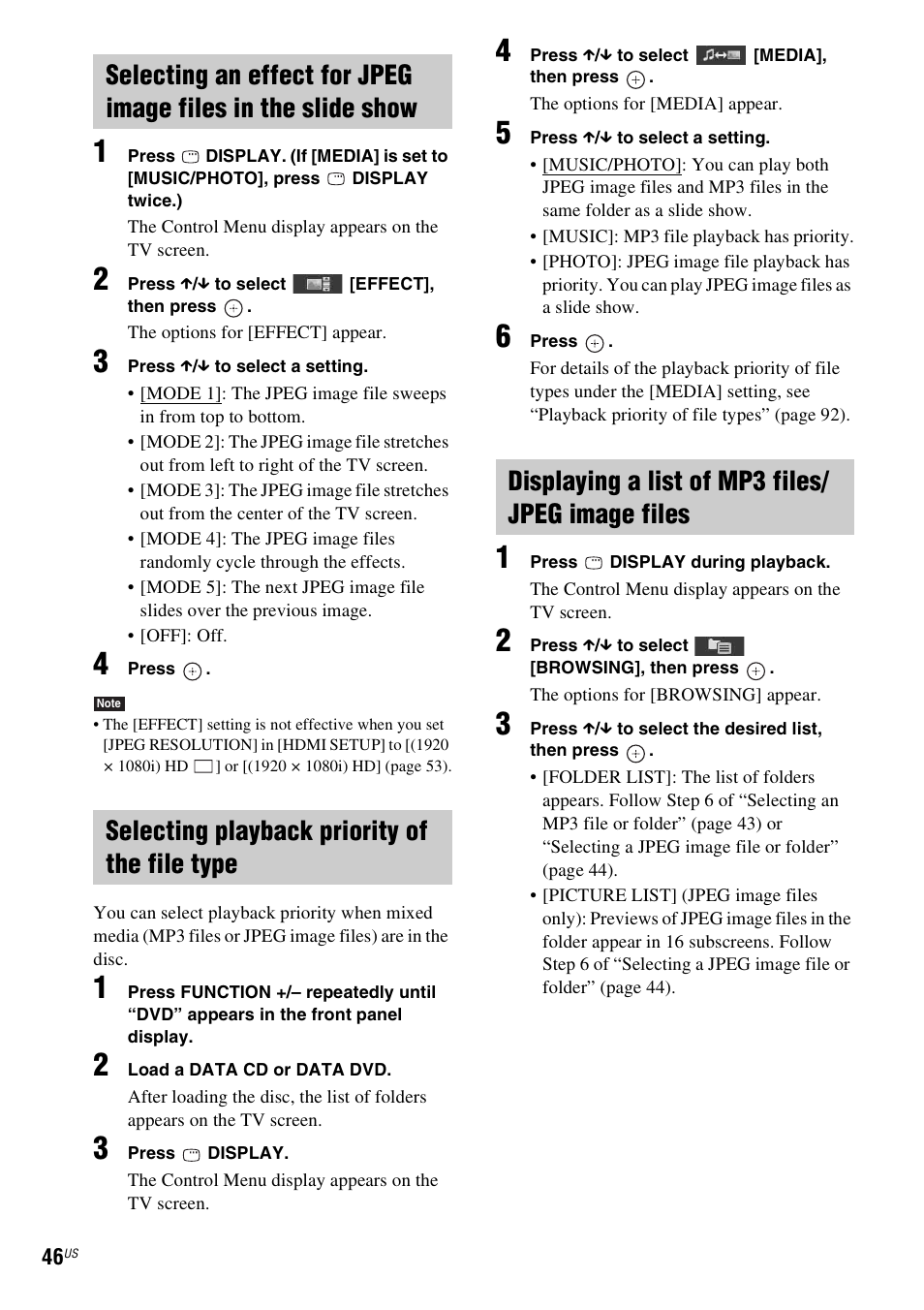 Selecting playback priority of the file type, Displaying a list of mp3 files/ jpeg image files | Sony DAV-HDZ485 User Manual | Page 46 / 104