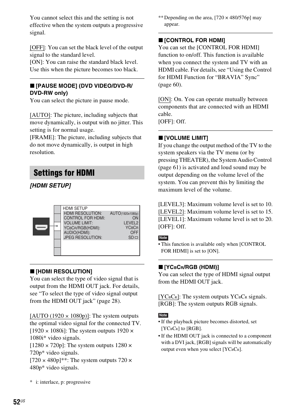 Settings for hdmi | Sony DAV-HDZ485 User Manual | Page 52 / 104