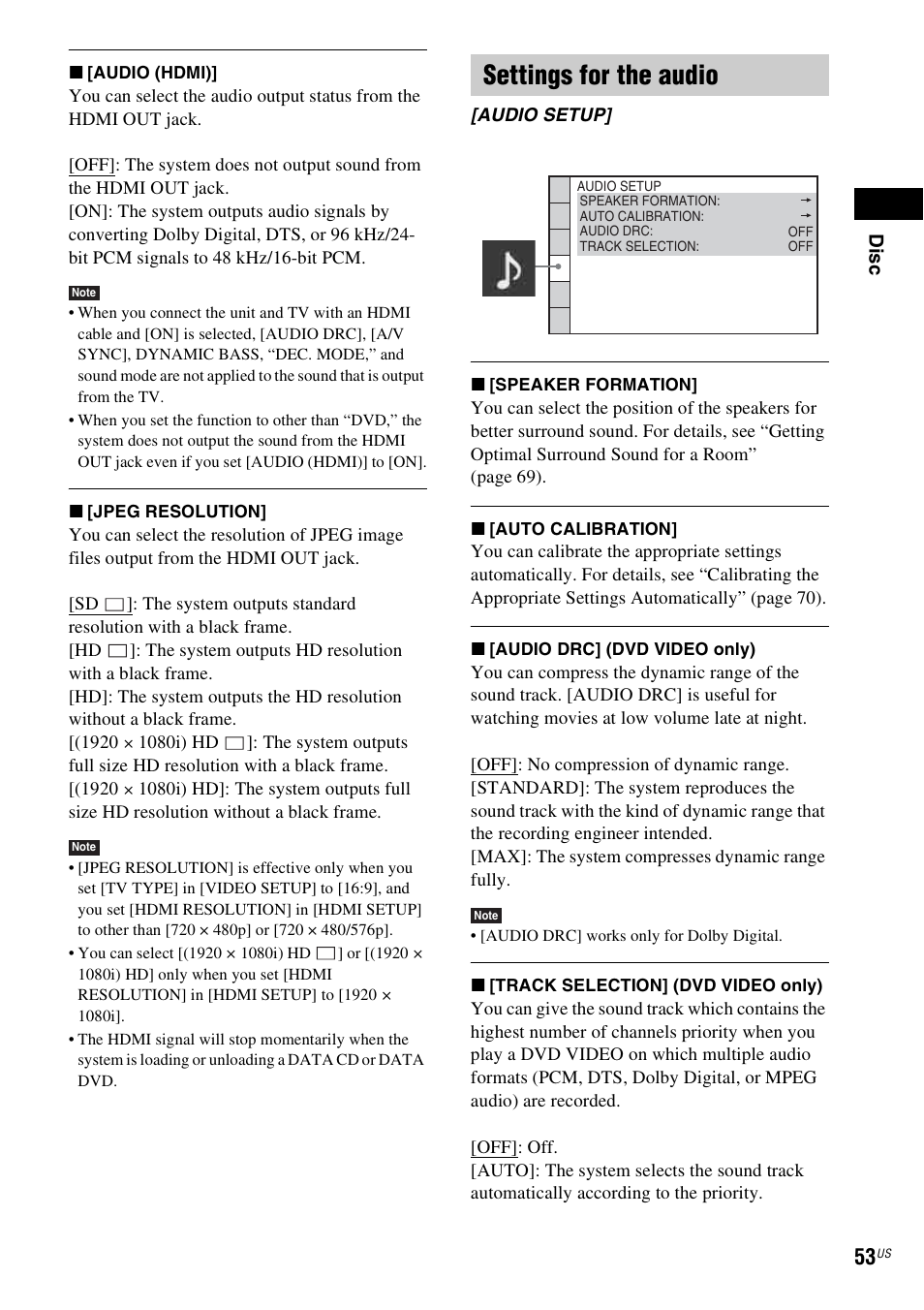 Settings for the audio | Sony DAV-HDZ485 User Manual | Page 53 / 104