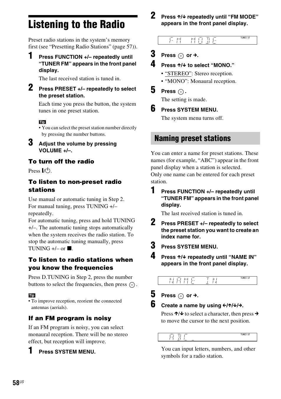 Listening to the radio, Naming preset stations | Sony DAV-HDZ485 User Manual | Page 58 / 104