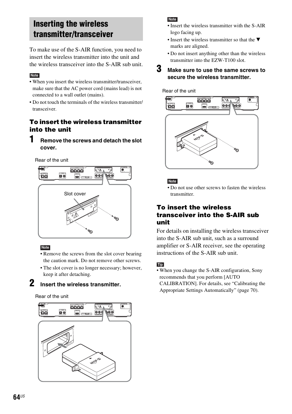 Inserting the wireless transmitter/transceiver, Remove the screws and detach the slot cover, Insert the wireless transmitter | Rear of the unit slot cover, Rear of the unit | Sony DAV-HDZ485 User Manual | Page 64 / 104