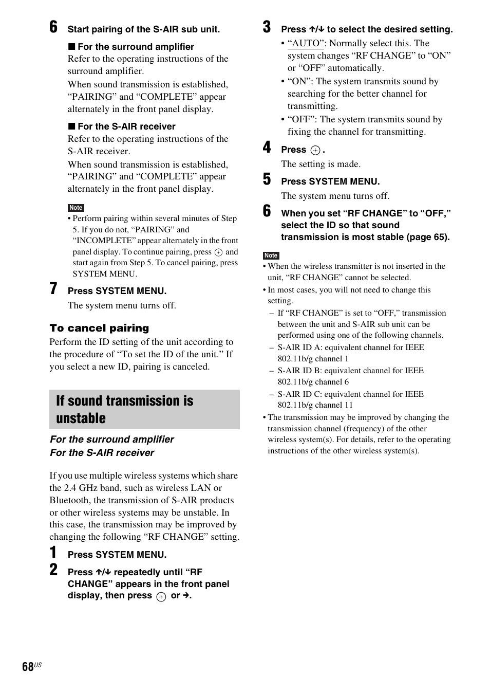 If sound transmission is unstable | Sony DAV-HDZ485 User Manual | Page 68 / 104