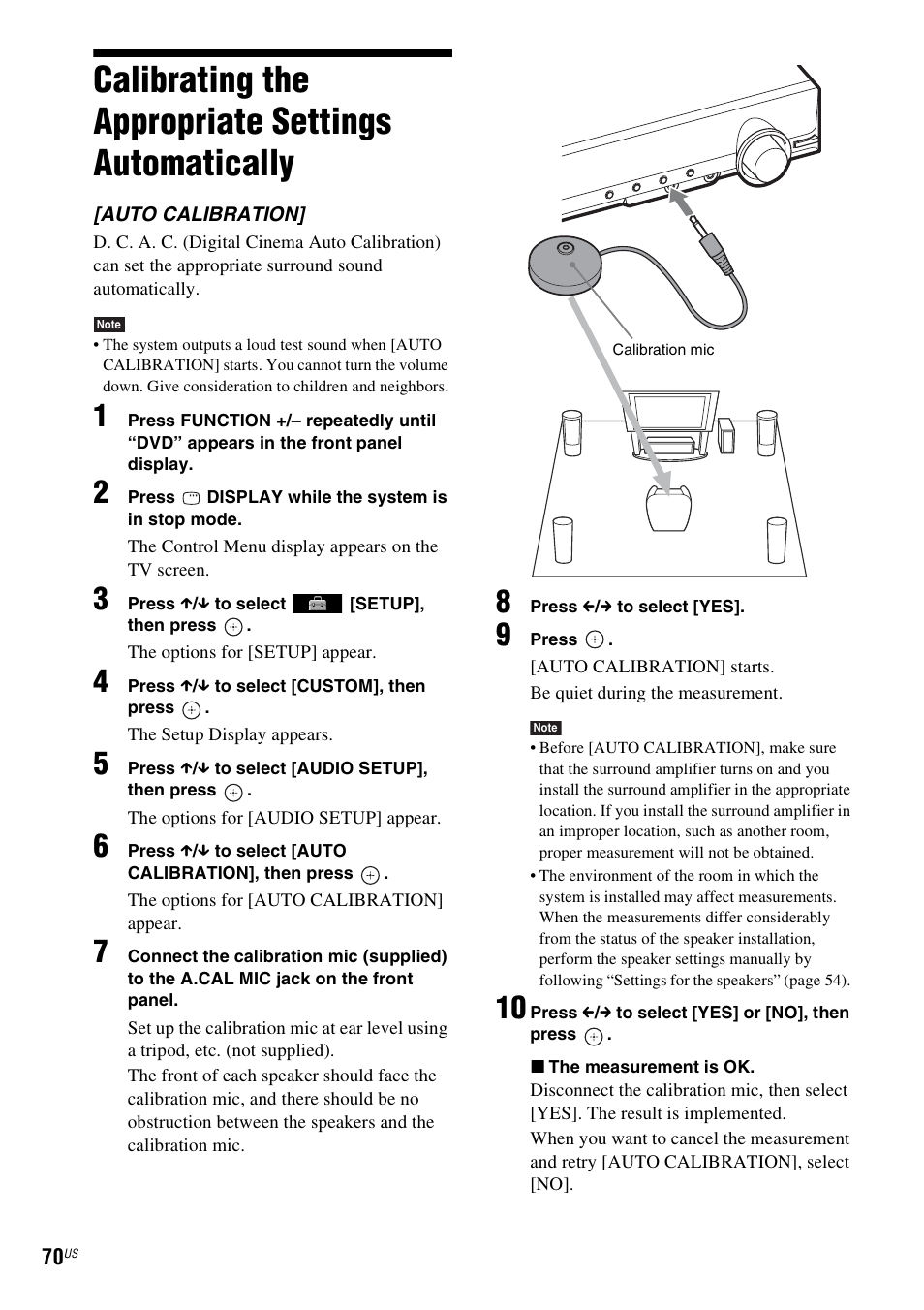 Calibrating the appropriate settings automatically, Calibrating the appropriate settings, Automatically | Sony DAV-HDZ485 User Manual | Page 70 / 104