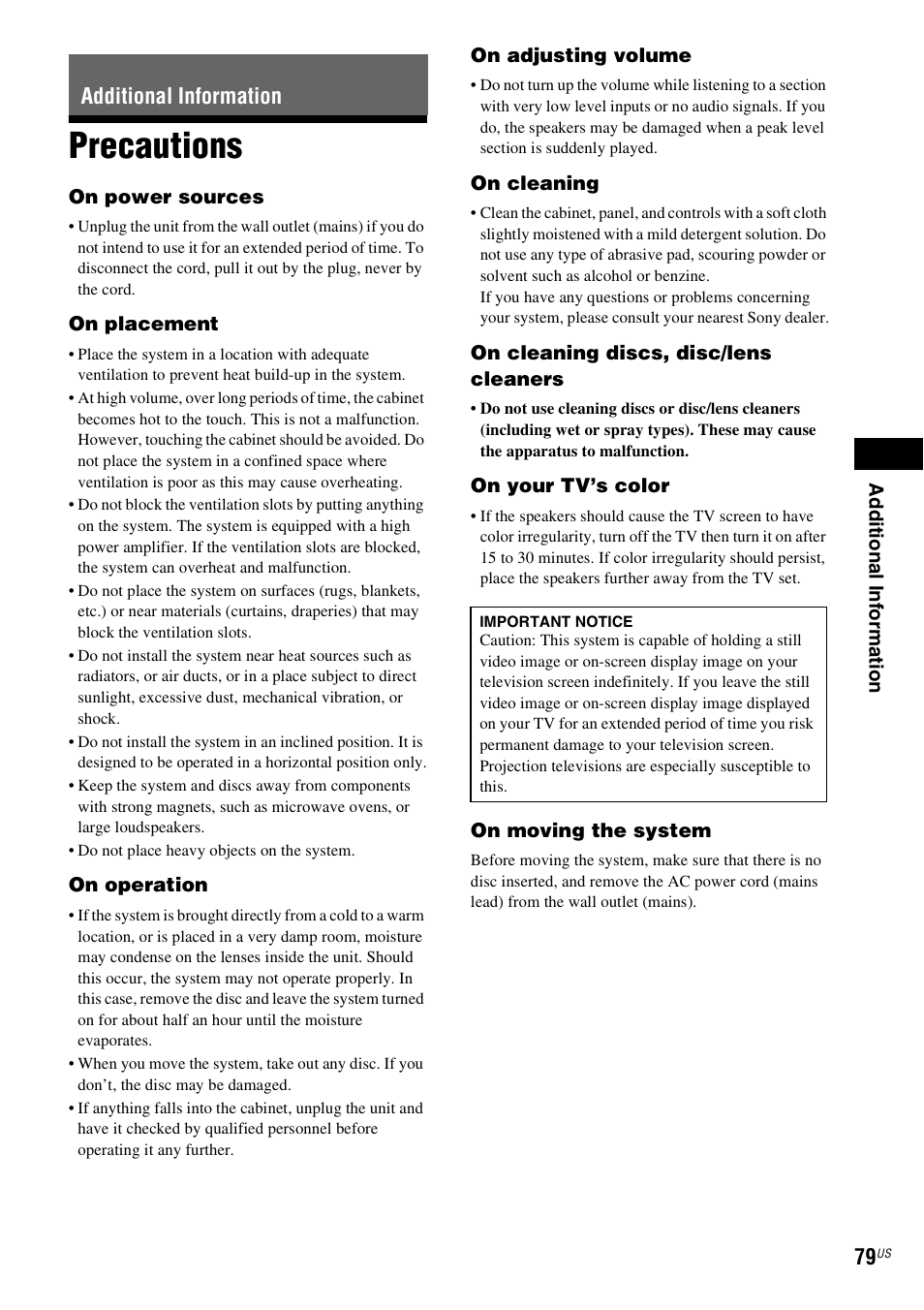 Additional information, Precautions | Sony DAV-HDZ485 User Manual | Page 79 / 104