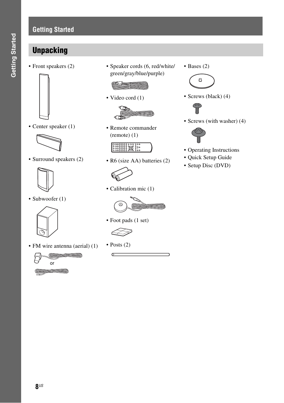 Getting started, Unpacking | Sony DAV-HDZ485 User Manual | Page 8 / 104