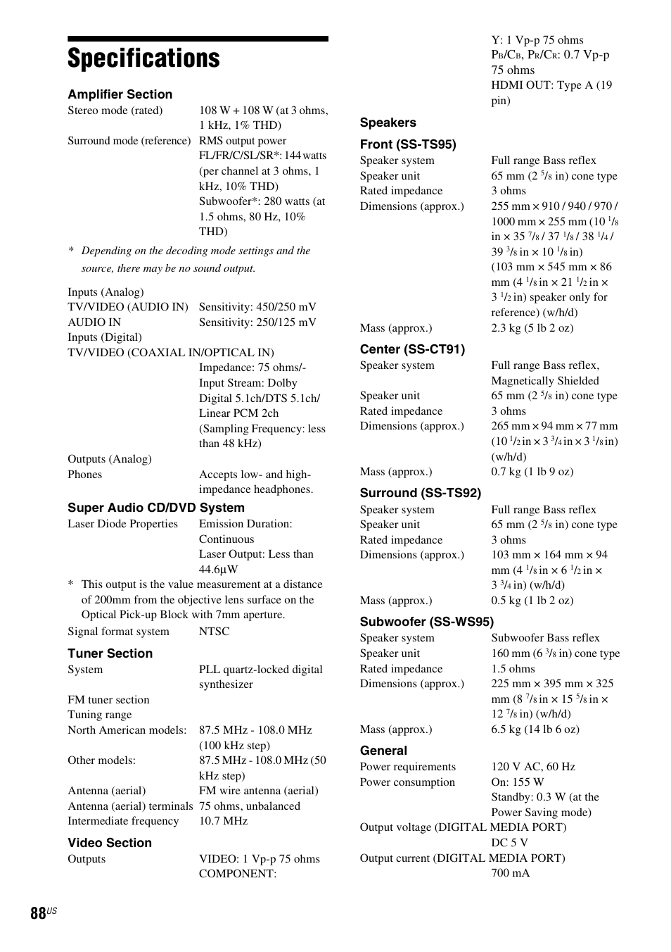 Specifications | Sony DAV-HDZ485 User Manual | Page 88 / 104