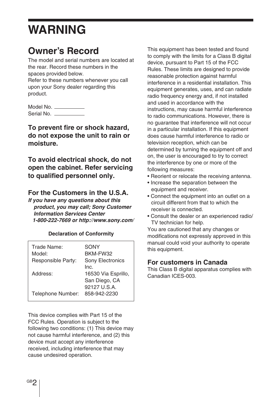 Warning, Owner’s record | Sony BKM-FW32 User Manual | Page 16 / 100