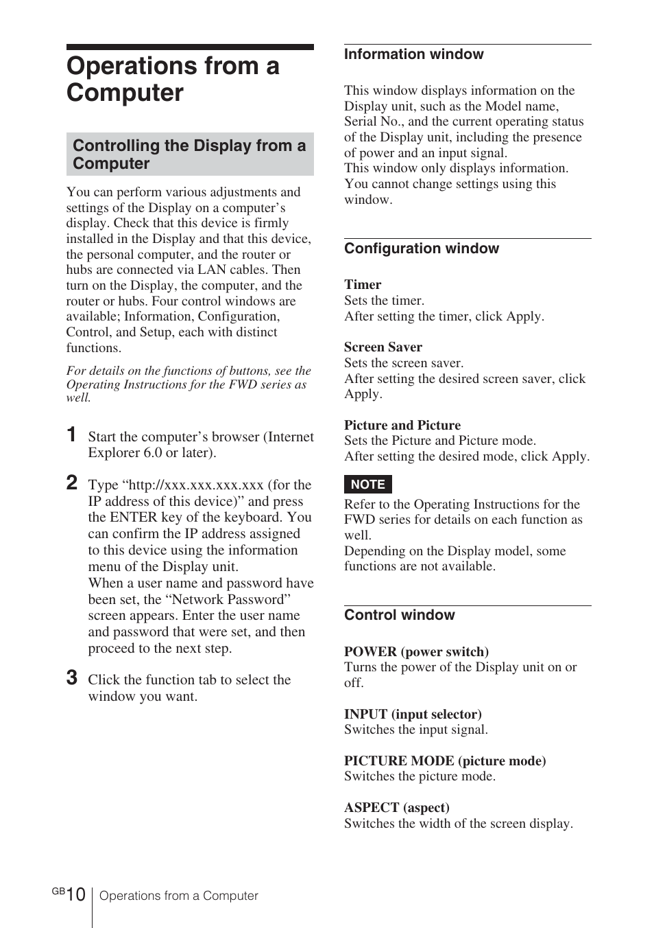 Operations from a computer, Controlling the display from a computer | Sony BKM-FW32 User Manual | Page 24 / 100