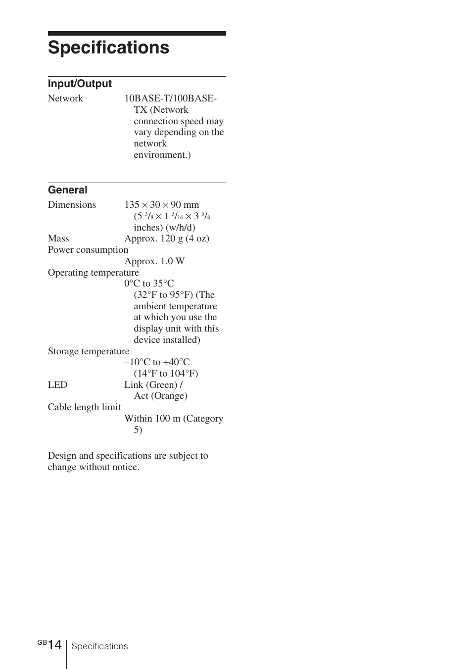 Specifications | Sony BKM-FW32 User Manual | Page 28 / 100