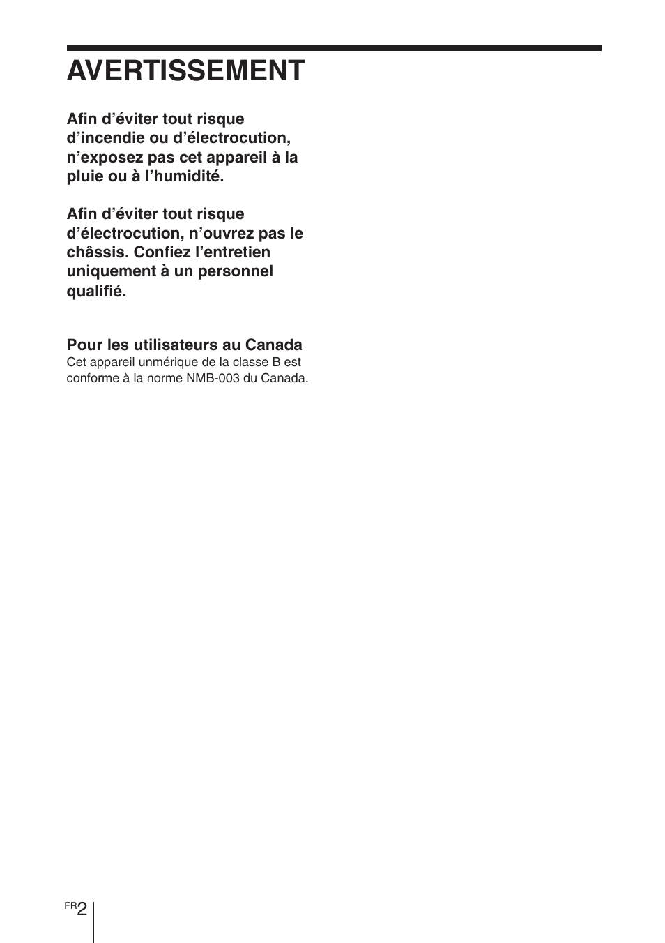Avertissement | Sony BKM-FW32 User Manual | Page 30 / 100