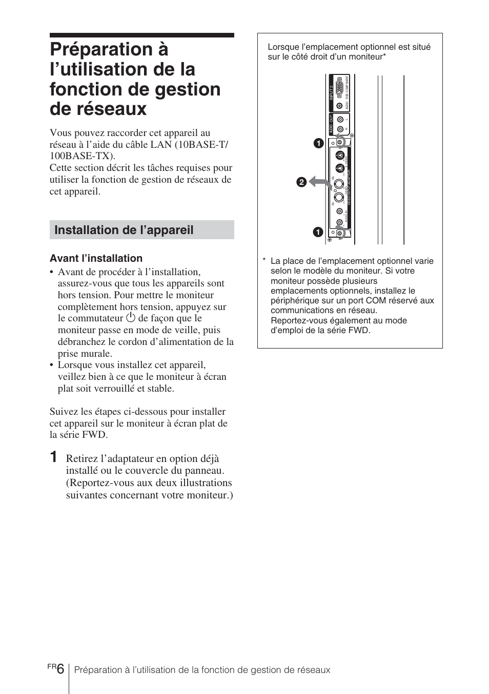 Installation de l’appareil | Sony BKM-FW32 User Manual | Page 34 / 100