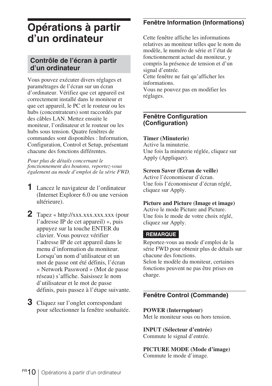 Opérations à partir d’un ordinateur, Contrôle de l’écran à partir d’un ordinateur | Sony BKM-FW32 User Manual | Page 38 / 100