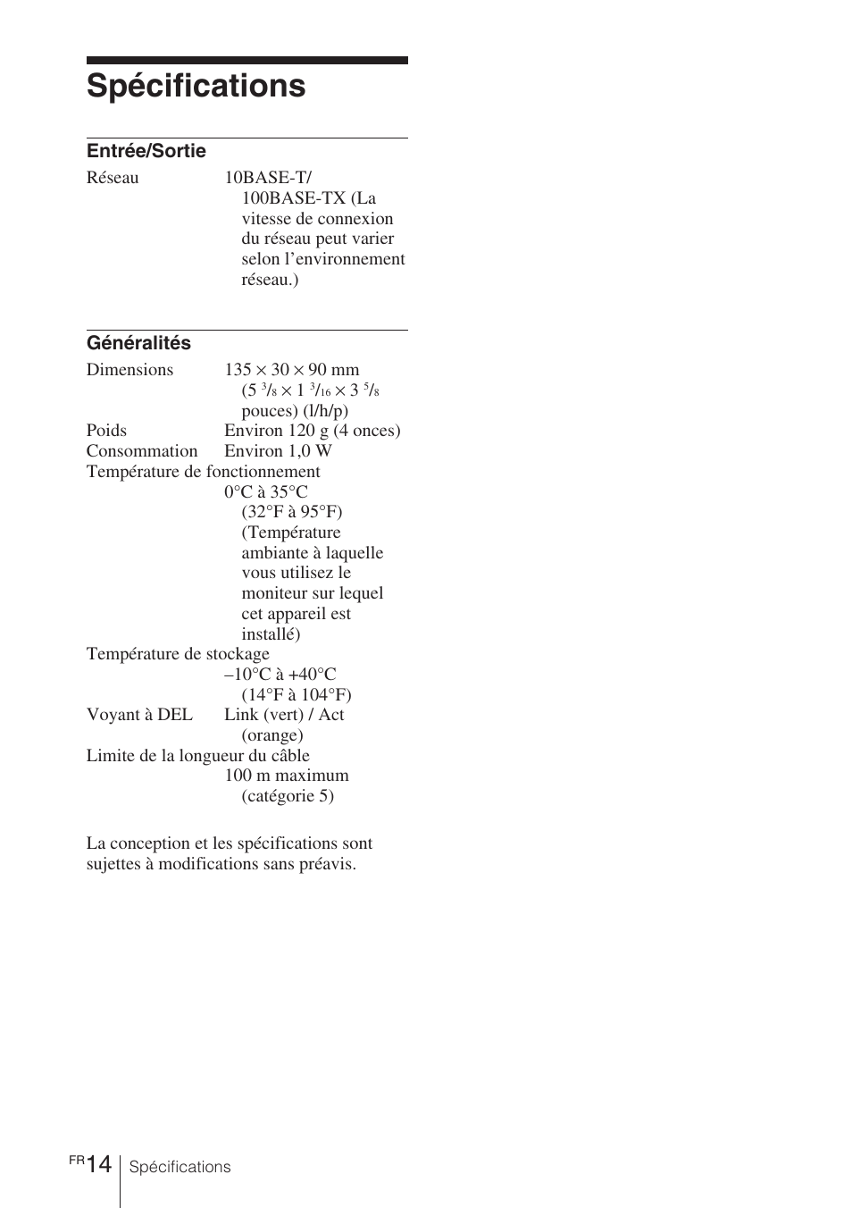 Spécifications | Sony BKM-FW32 User Manual | Page 42 / 100