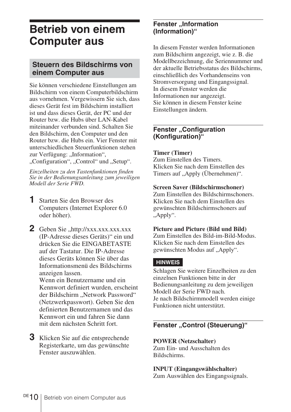 Betrieb von einem computer aus, Steuern des bildschirms von einem computer aus | Sony BKM-FW32 User Manual | Page 52 / 100