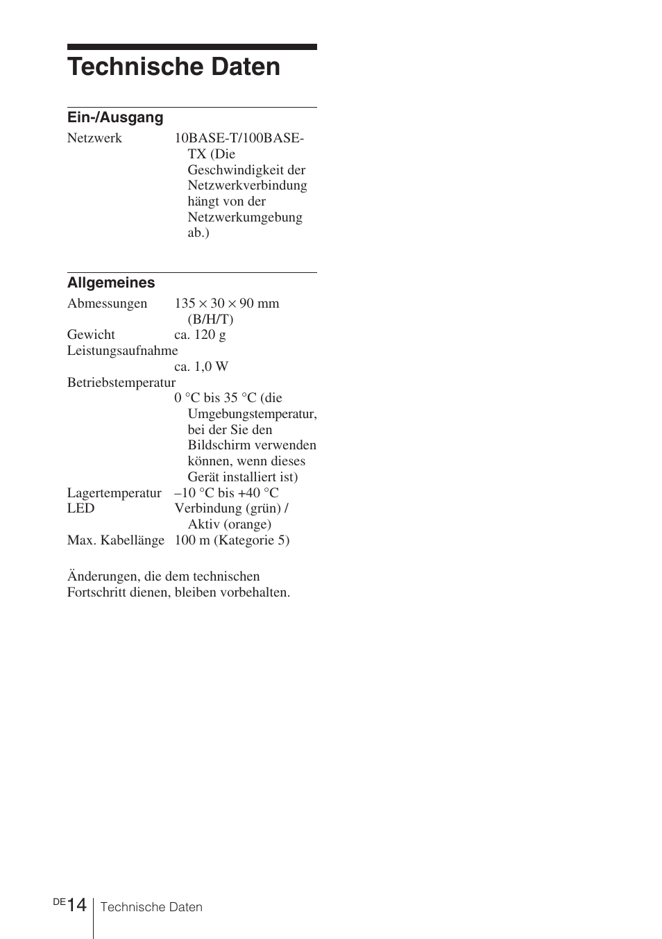 Technische daten | Sony BKM-FW32 User Manual | Page 56 / 100