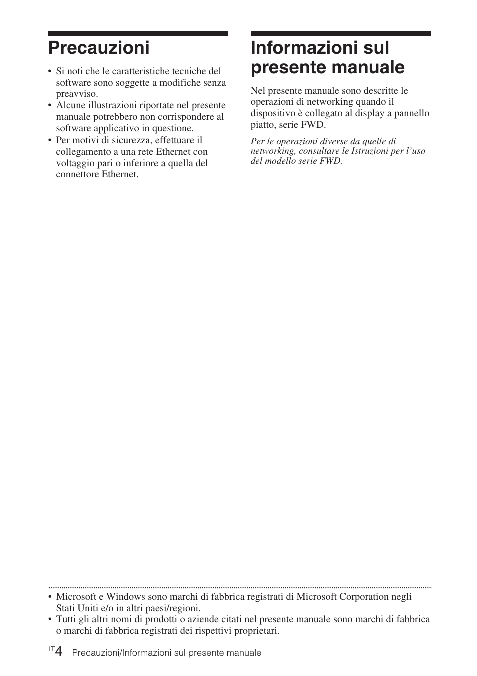 Precauzioni, Informazioni sul presente manuale | Sony BKM-FW32 User Manual | Page 74 / 100