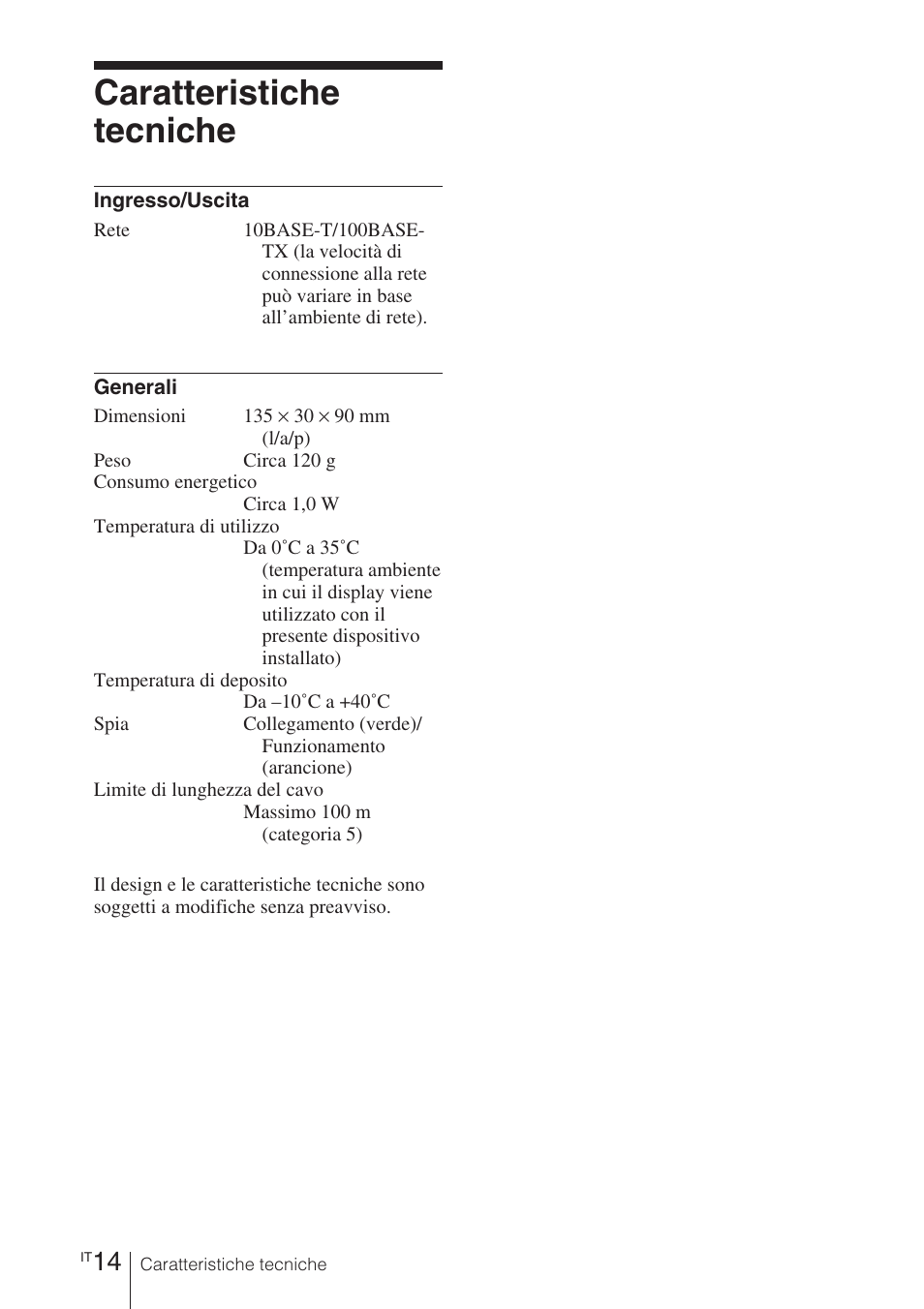 Caratteristiche tecniche | Sony BKM-FW32 User Manual | Page 84 / 100