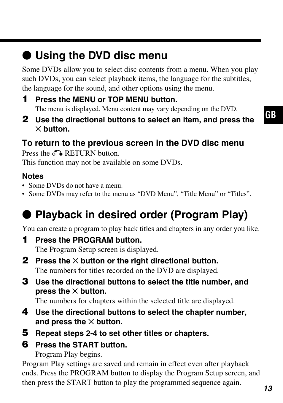 Z using the dvd disc menu, Z playback in desired order (program play) | Sony SCPH-10420 G User Manual | Page 13 / 104