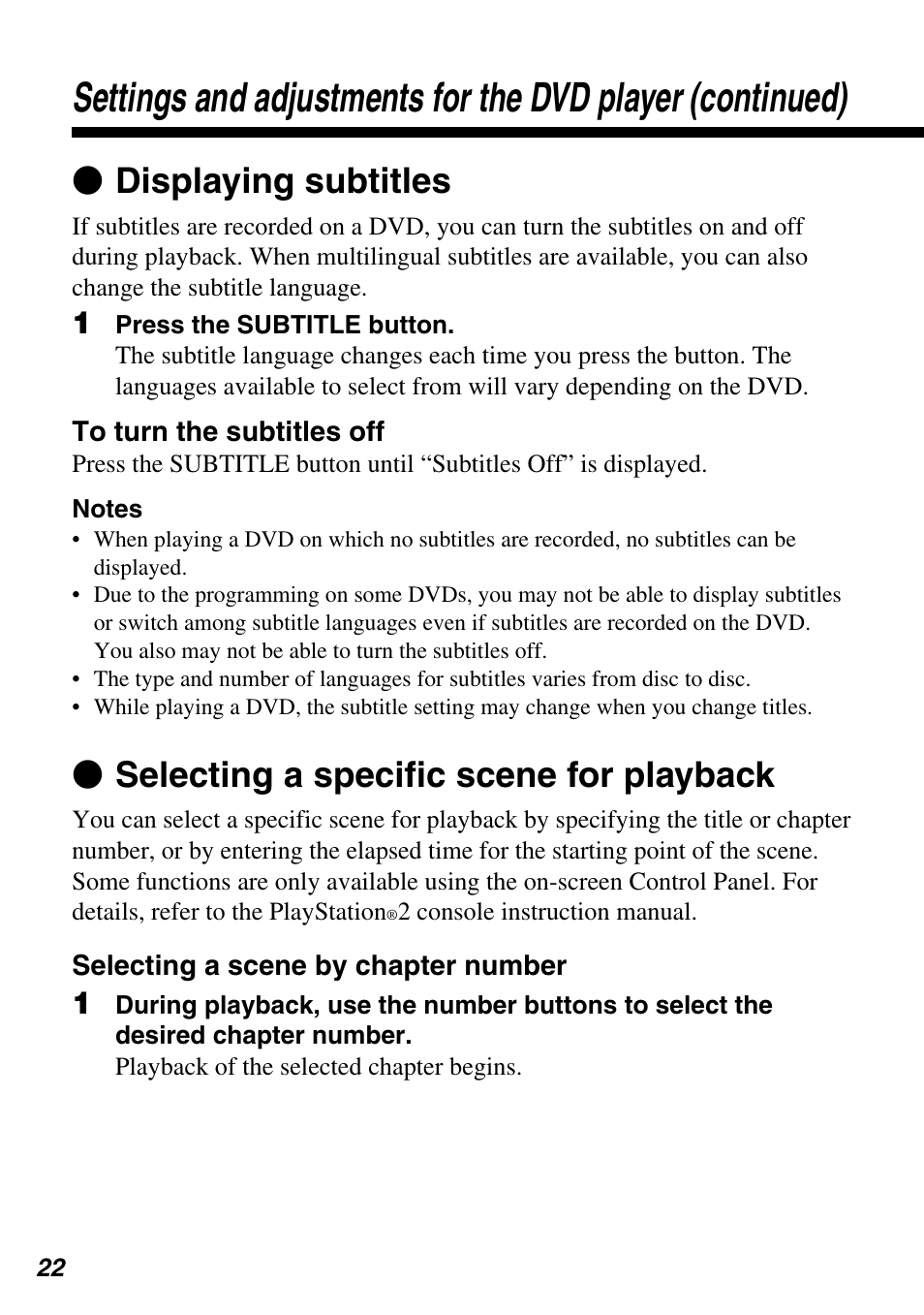 Z displaying subtitles, Z selecting a specific scene for playback | Sony SCPH-10420 G User Manual | Page 22 / 104