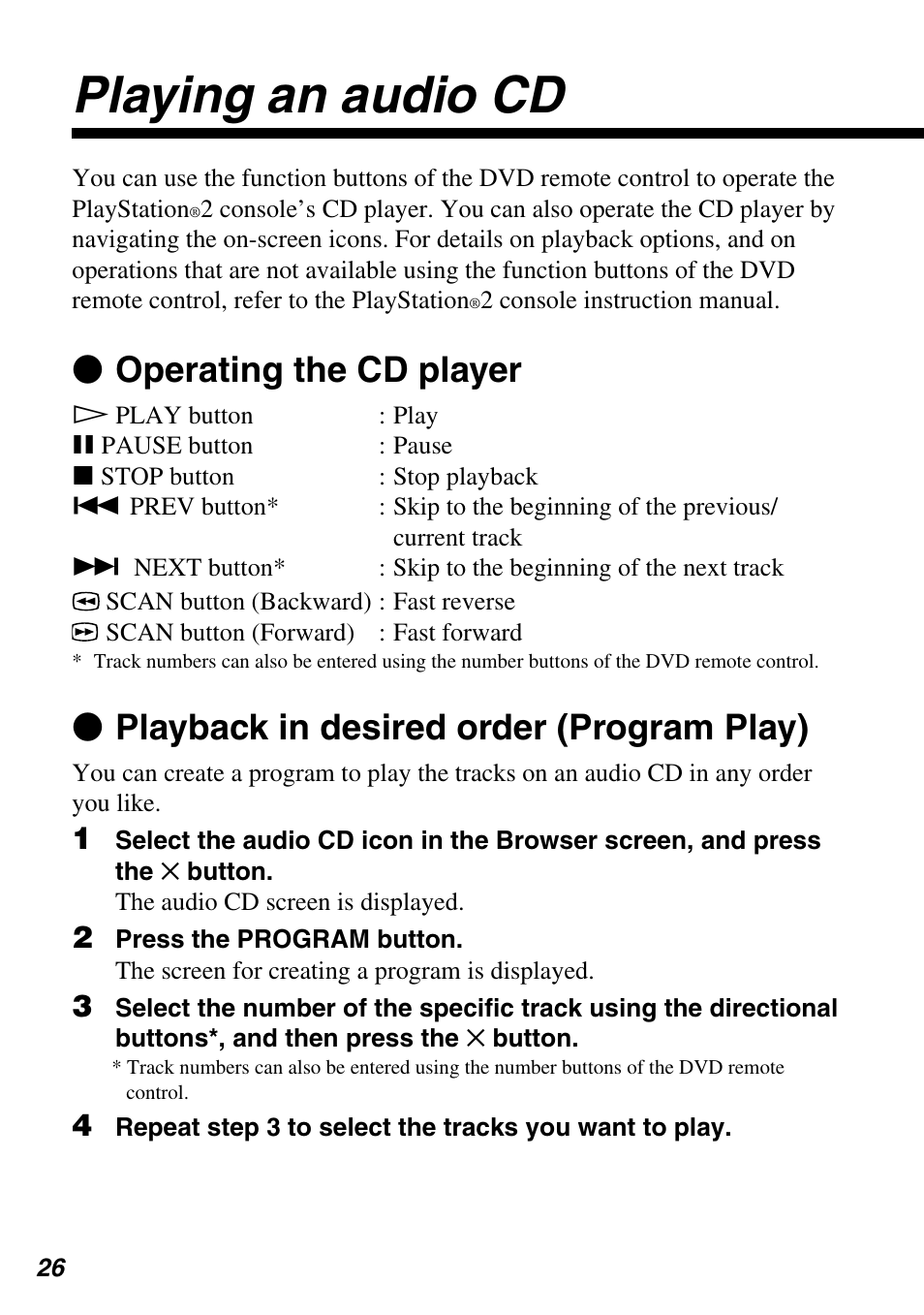 Playing an audio cd, Z operating the cd player, Z playback in desired order (program play) | Sony SCPH-10420 G User Manual | Page 26 / 104