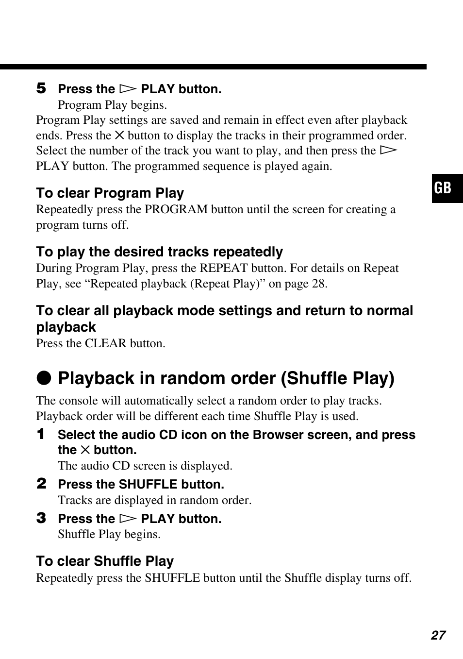 Z playback in random order (shuffle play) | Sony SCPH-10420 G User Manual | Page 27 / 104