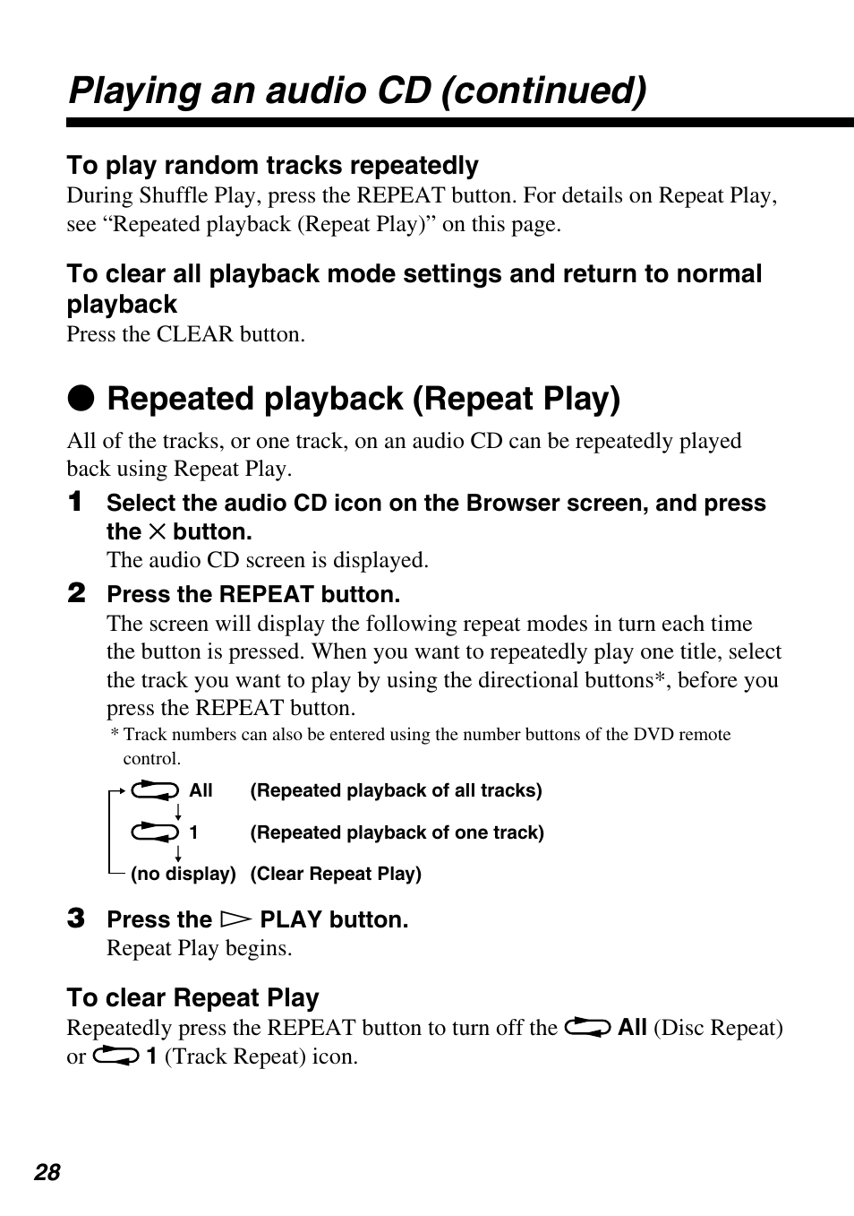 Playing an audio cd (continued), Z repeated playback (repeat play) | Sony SCPH-10420 G User Manual | Page 28 / 104