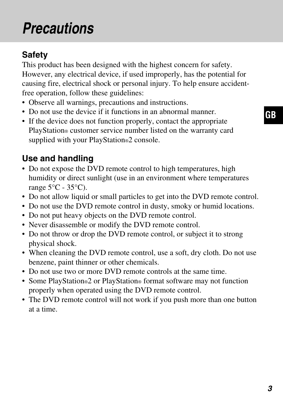 Precautions | Sony SCPH-10420 G User Manual | Page 3 / 104