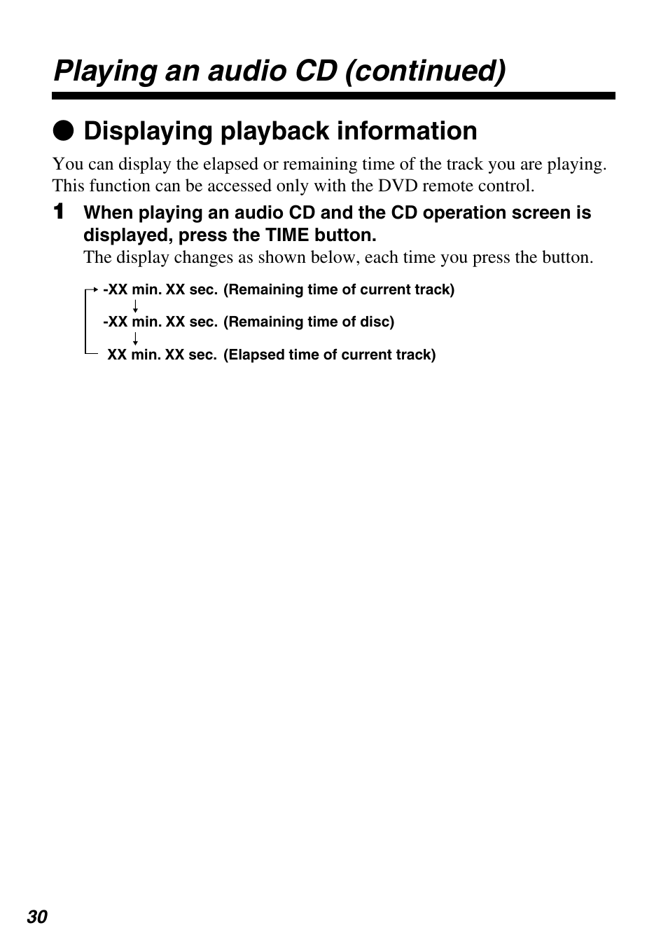 Playing an audio cd (continued), Z displaying playback information | Sony SCPH-10420 G User Manual | Page 30 / 104
