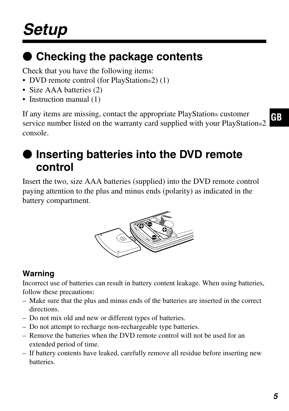 Setup, Z checking the package contents, Z inserting batteries into the dvd remote control | Sony SCPH-10420 G User Manual | Page 5 / 104