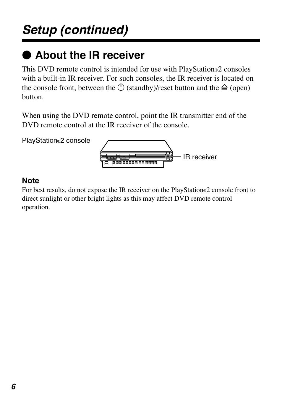Setup (continued), Z about the ir receiver | Sony SCPH-10420 G User Manual | Page 6 / 104