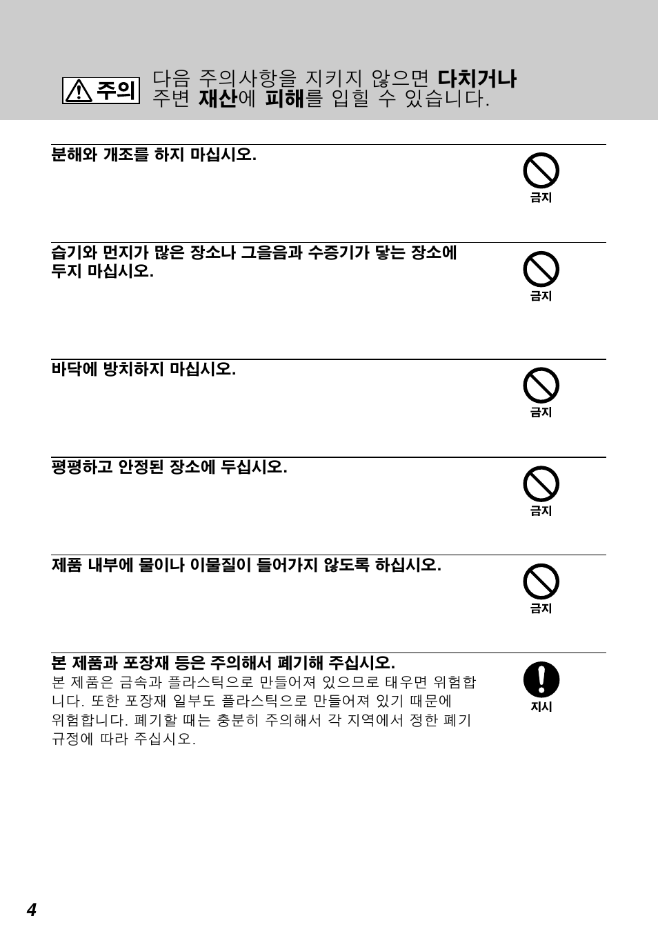 다음 주의사항을 지키지 않으면 다치거나 주변 재산에 피해를 입힐 수 있습니다 | Sony SCPH-10420 G User Manual | Page 68 / 104