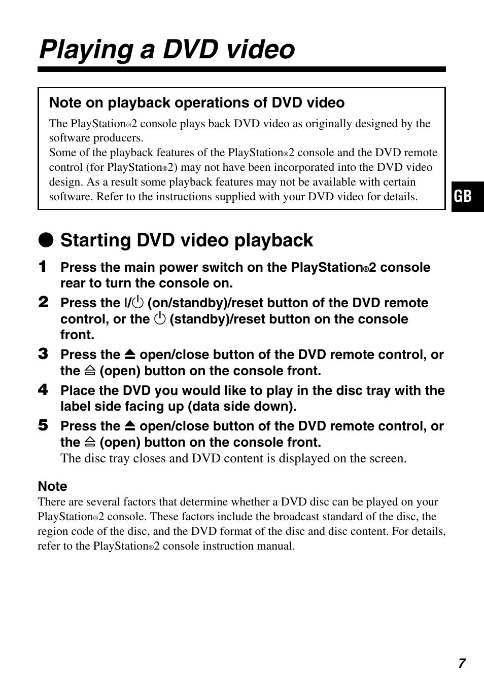 Playing a dvd video, Z starting dvd video playback | Sony SCPH-10420 G User Manual | Page 7 / 104