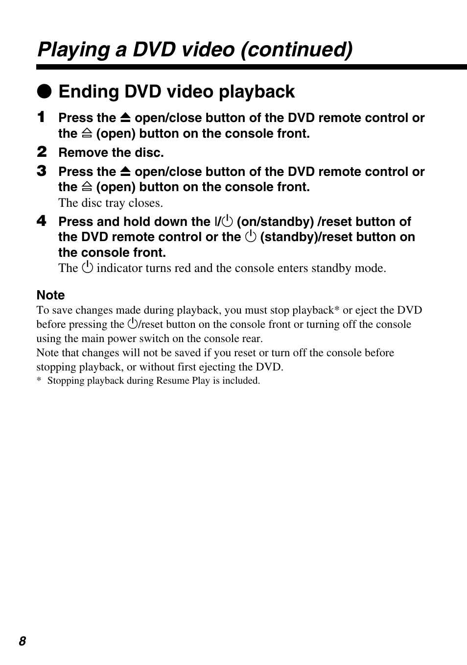 Playing a dvd video (continued), Z ending dvd video playback | Sony SCPH-10420 G User Manual | Page 8 / 104
