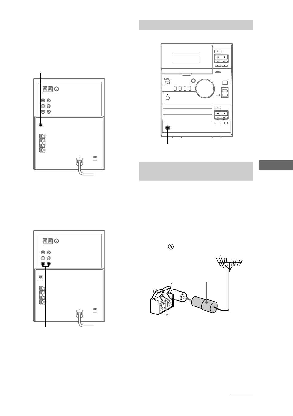 Connecting headphones, Connecting external antennas, Connecting a vcr | Fm antenna, Connect headphones to the phones jack, Phones jack, Iec standard socket connector (not supplied) | Sony CMT-CP1 User Manual | Page 9 / 36