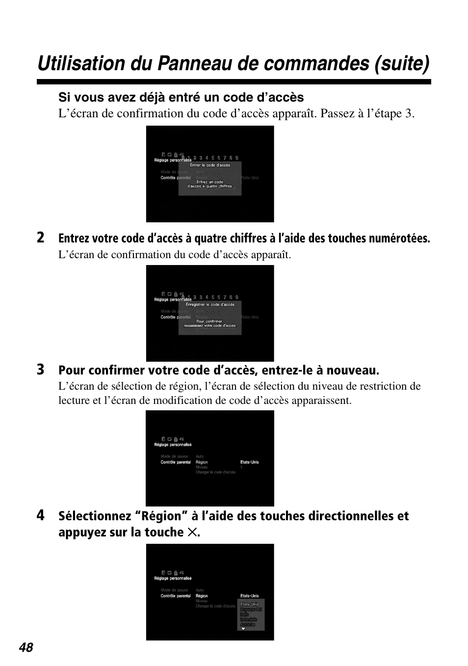 Utilisation du panneau de commandes (suite) | Sony SCPH-97042 User Manual | Page 104 / 170