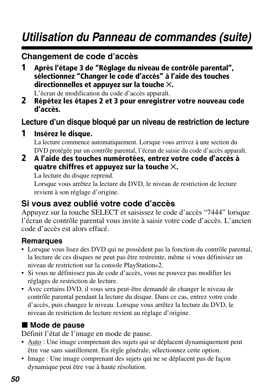 Utilisation du panneau de commandes (suite) | Sony SCPH-97042 User Manual | Page 106 / 170