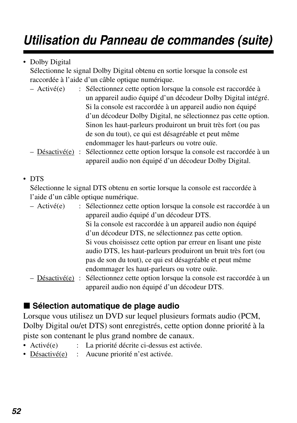 Utilisation du panneau de commandes (suite) | Sony SCPH-97042 User Manual | Page 108 / 170