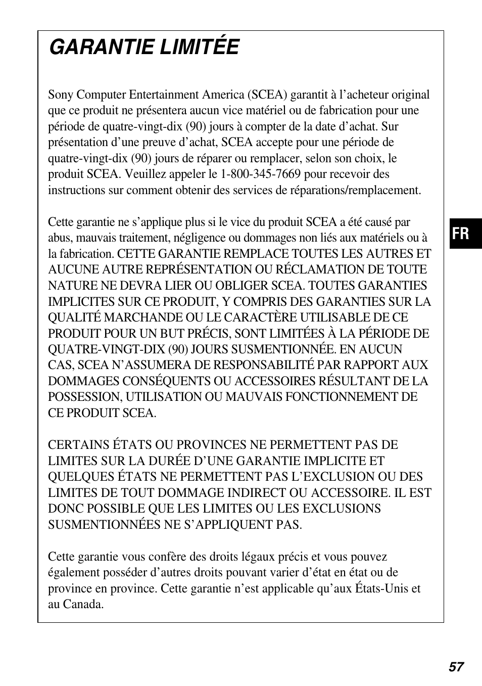 Garantie limitée | Sony SCPH-97042 User Manual | Page 113 / 170