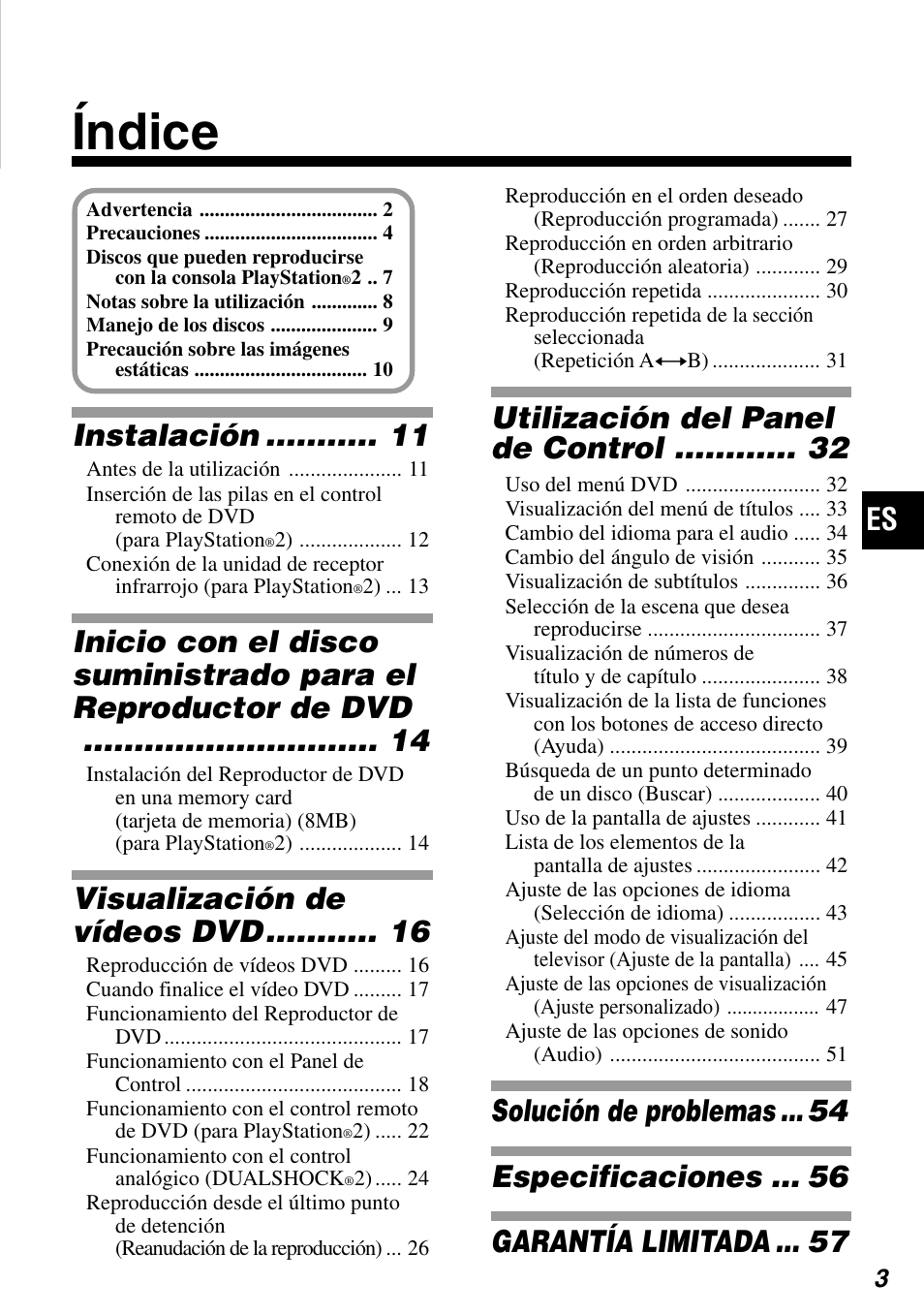 Índice, Instalación, Visualización de vídeos dvd | Utilización del panel de control, Solución de problemas, Especificaciones, Garantía limitada | Sony SCPH-97042 User Manual | Page 115 / 170